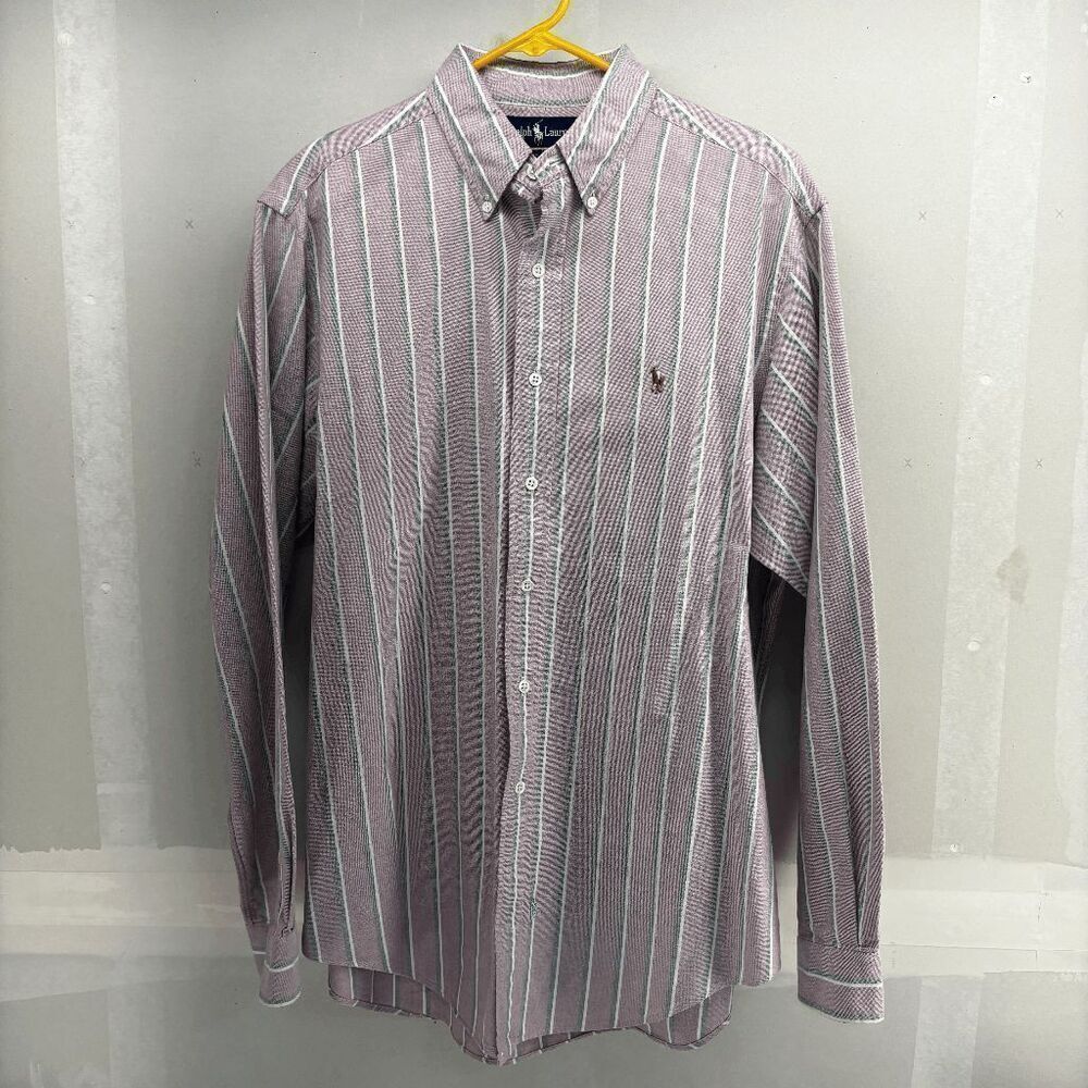 Vintage Ralph Lauren Pastel Red Green Striped 90s Mens Size Large Button Up EUC